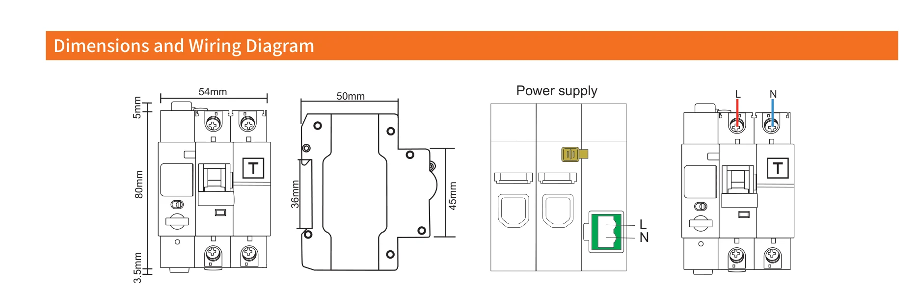EKR3L WiFi dimensions and wiring diagram for 1P+N smart RCBO and power supply terminal