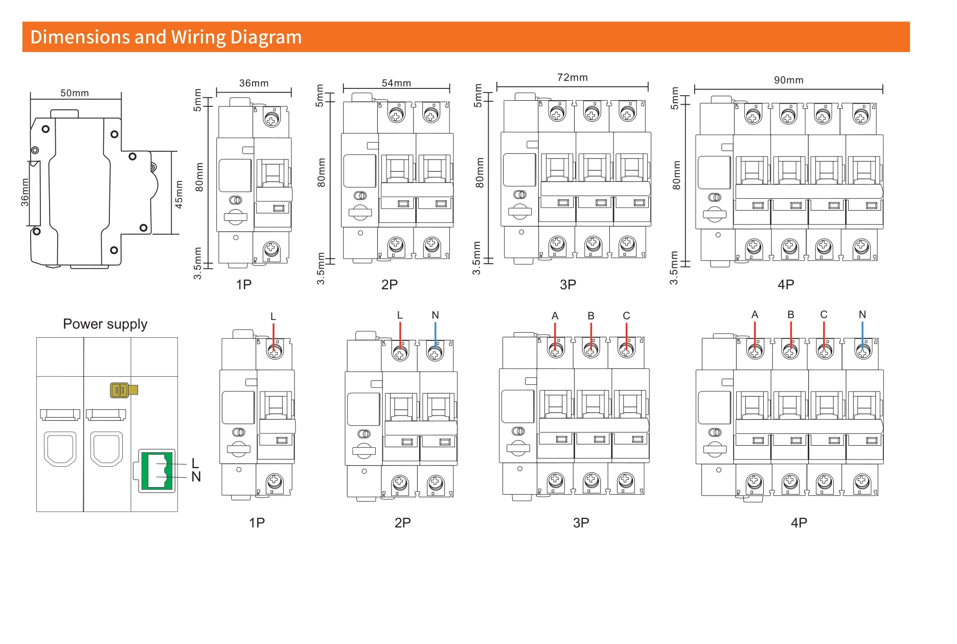 EKR3 WiFi dimensions and wiring diagrams for 1P 2P 3P 4P and power supply terminal