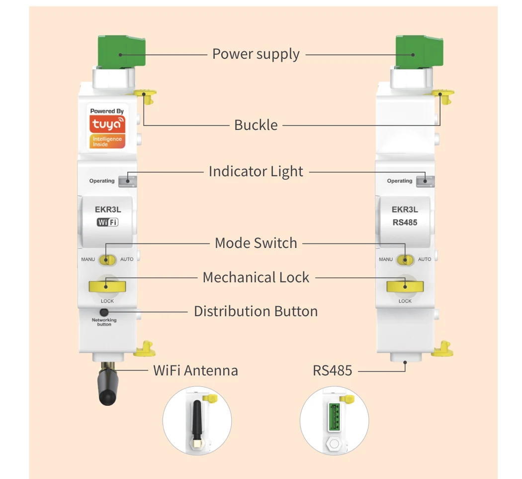 EKR3L structure callouts showing power supply, buckle, indicator light, mode switch, mechanical lock, distribution button, WiFi antenna and RS485