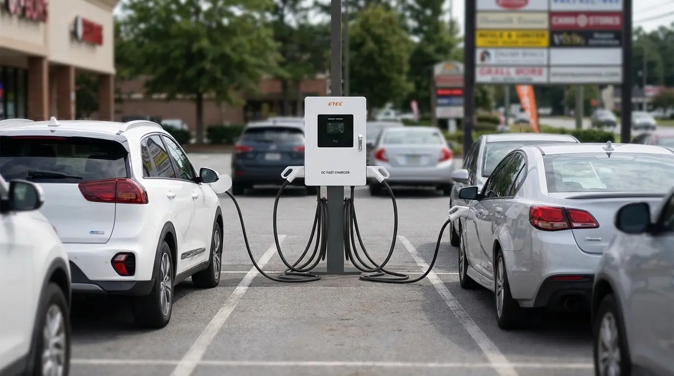 Public EV charging site with a compact DC fast charger