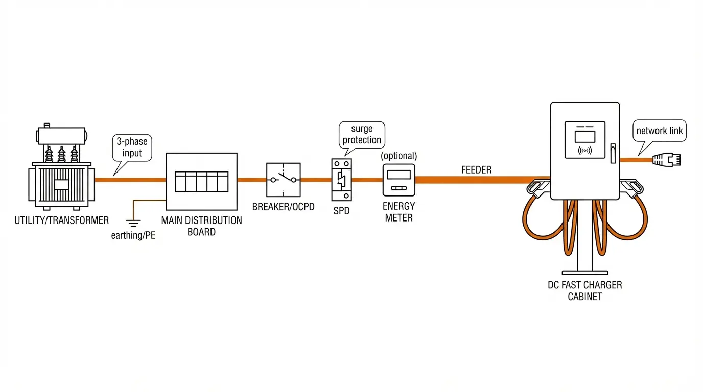 Single-line diagram for installing a 20–60kW compact DC fast charger (power, protection, meter, feeder)
