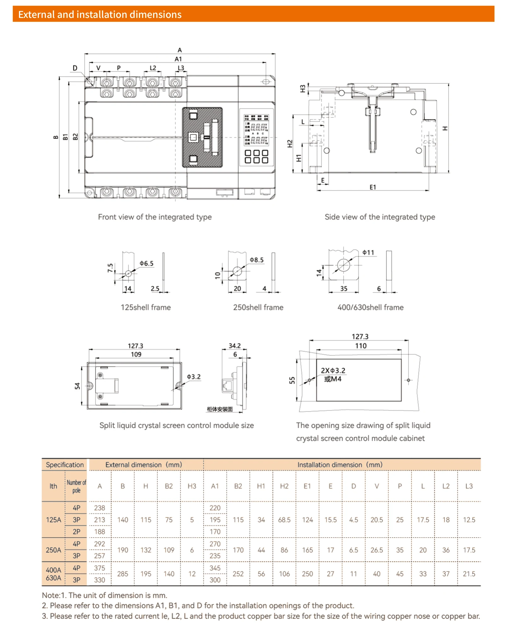 EKS5 external and installation dimensions drawings and dimension table