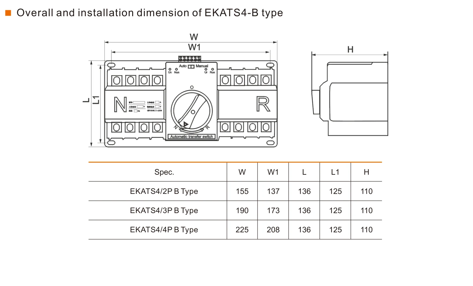 EKATS4-B type overall and installation dimensions for 2P, 3P and 4P