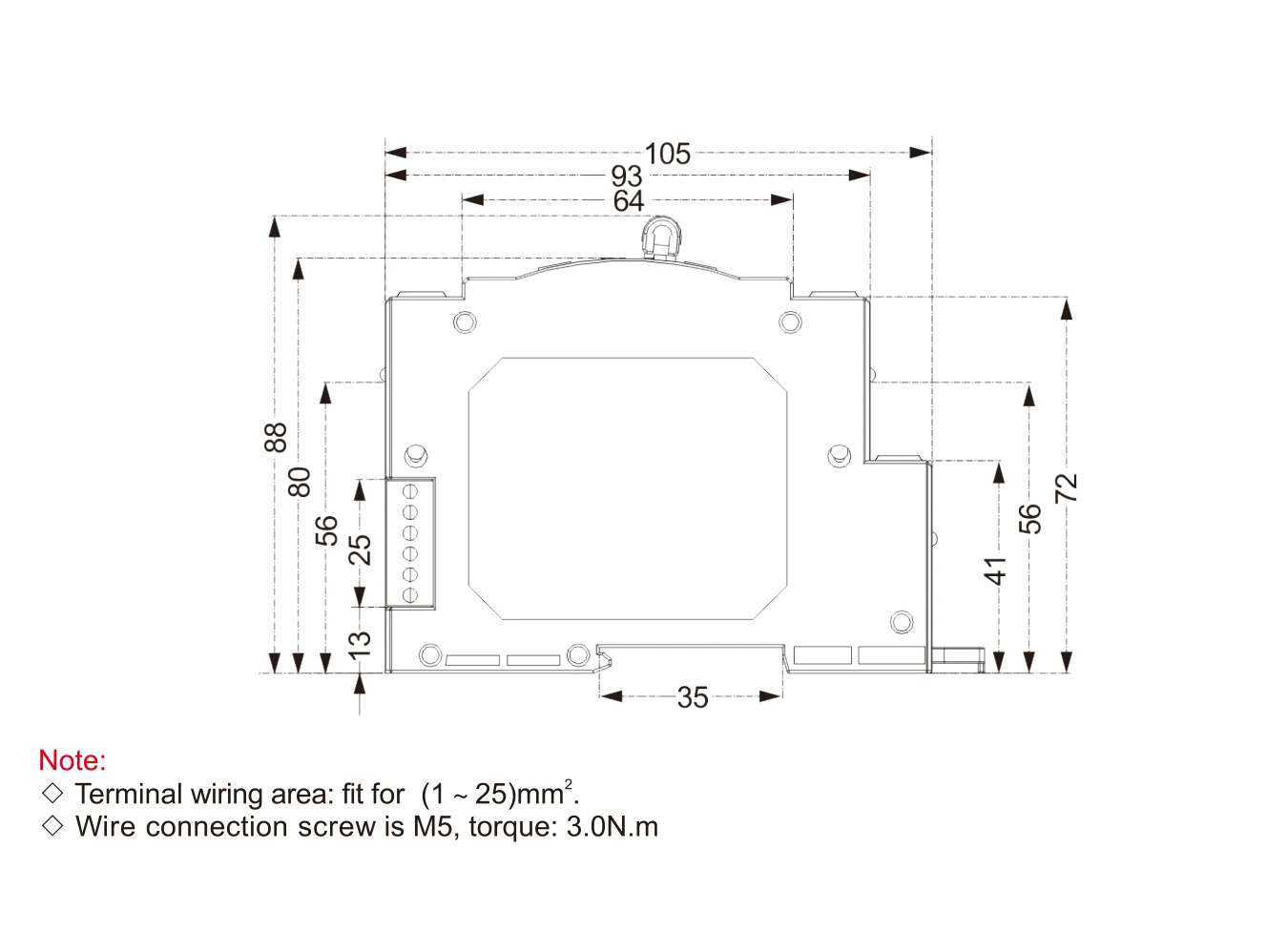 EKATS5 side view dimensions with terminal wiring notes