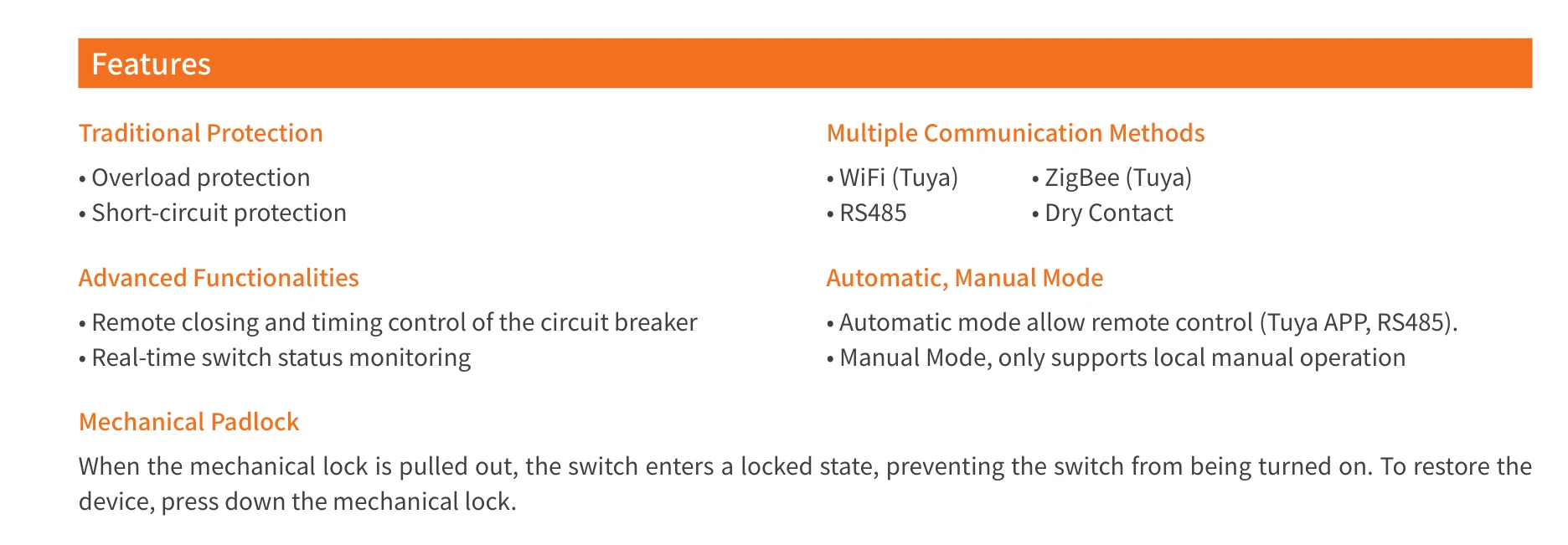EKR3 RS485 features including traditional protection, advanced functionalities, communication methods, automatic/manual mode and mechanical padlock