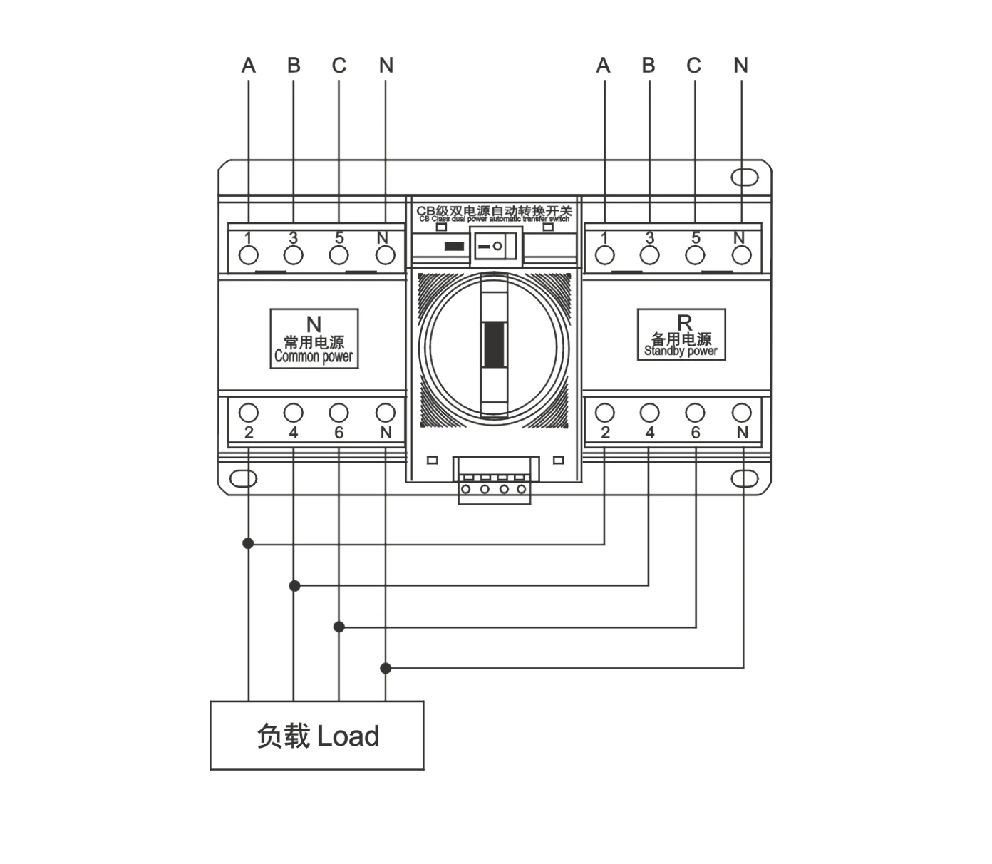 EKATS4 operation and load wiring diagram with common power N and standby power R