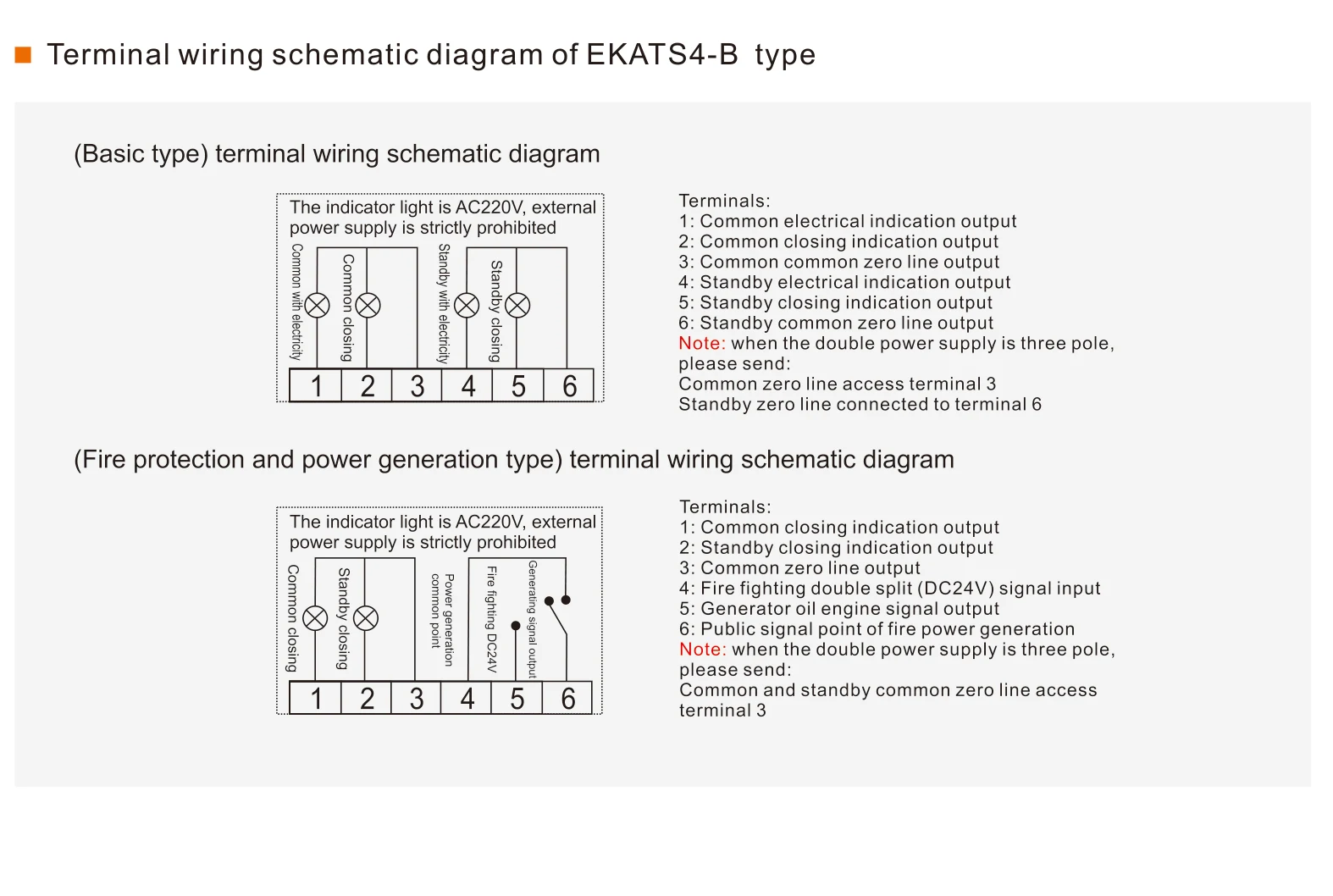 EKATS4-B type terminal wiring schematic diagrams for basic type and fire protection power generation type