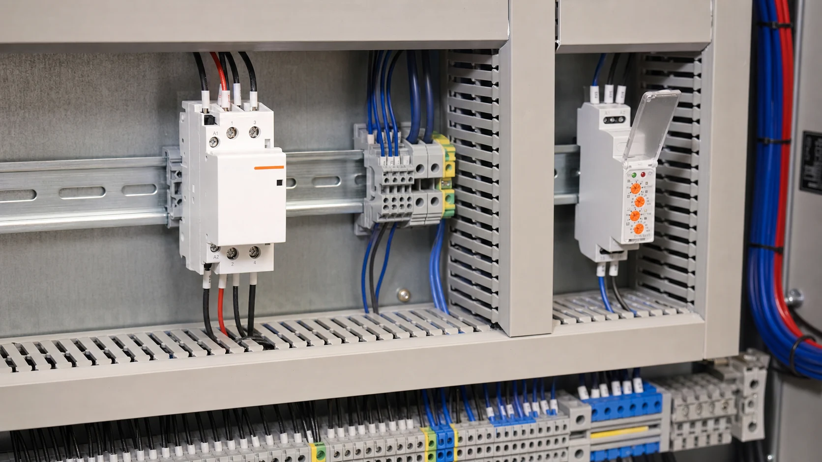 Contactor and timer relay performing separate power switching and control roles in a DIN rail panel