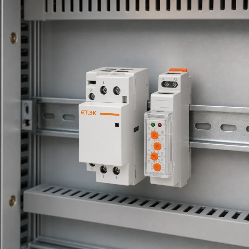 Contactor and control relay in a DIN rail electrical panel