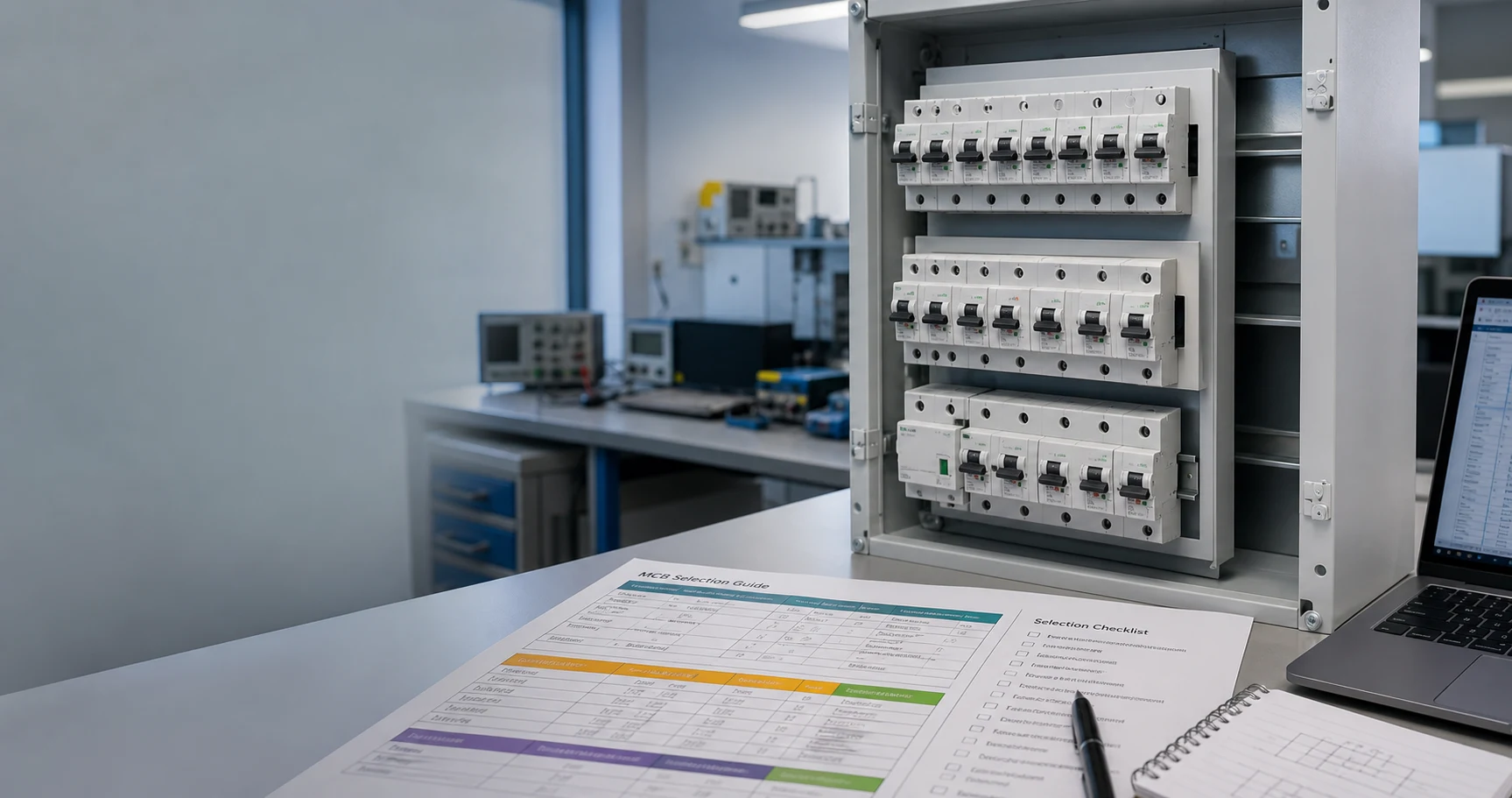 Engineer reviewing MCB amp rating selection for a low-voltage distribution board