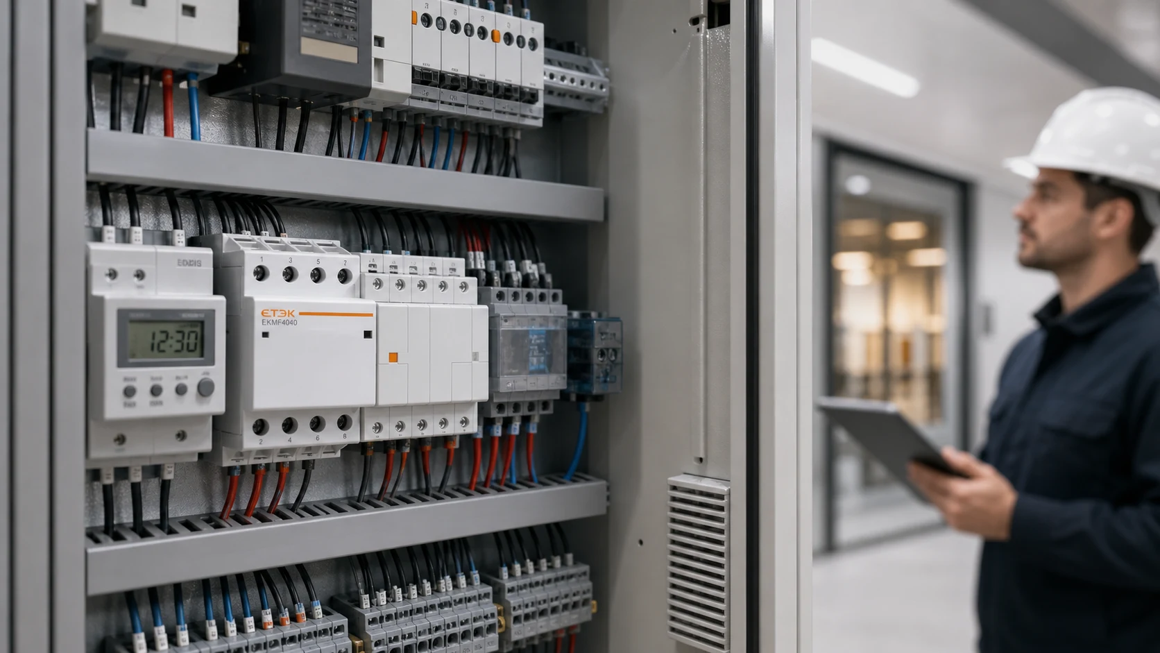 DIN rail modular contactor installed conceptually within a low-voltage control and distribution board