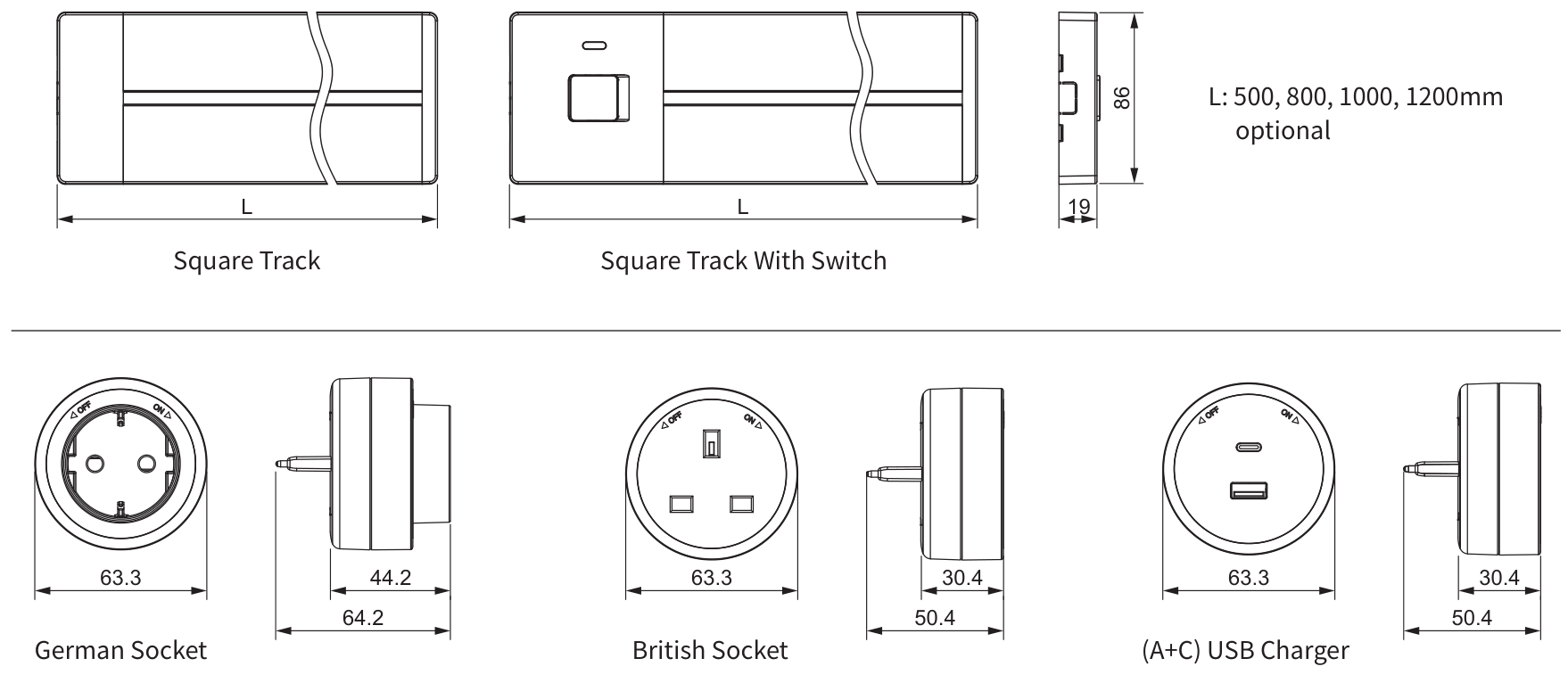 ED1 series power track socket dimension drawings