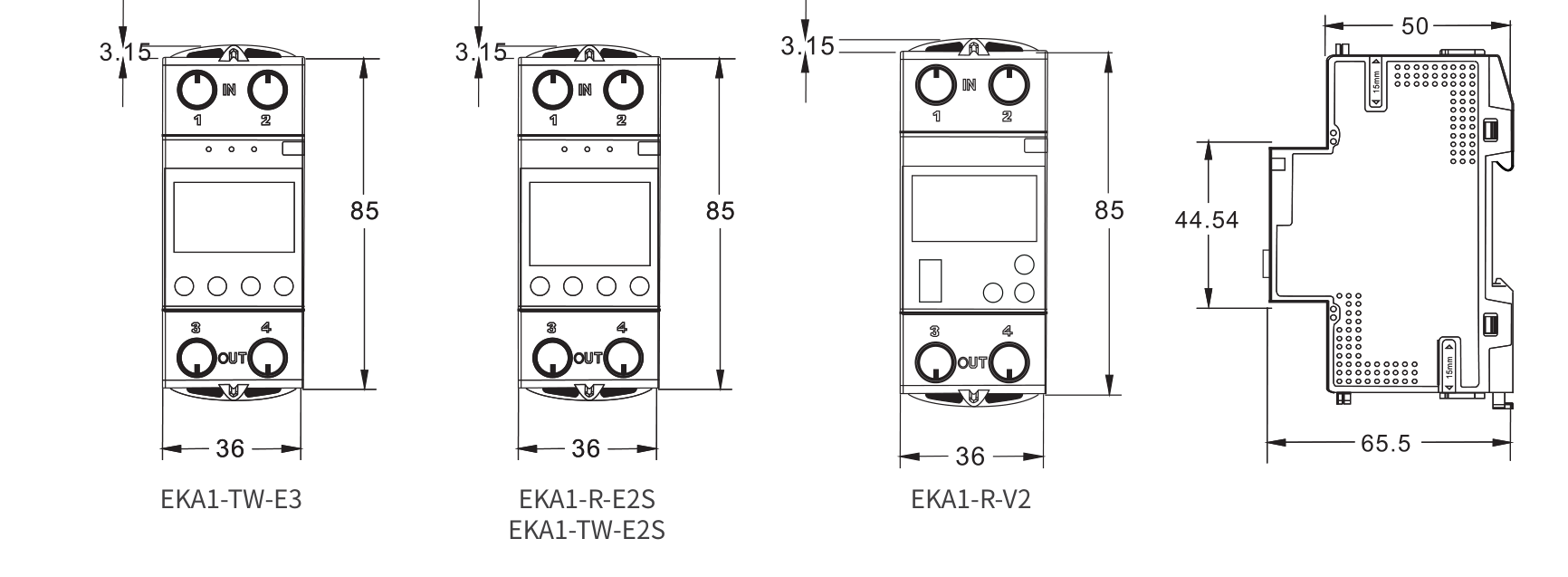 EKA1 series dimension drawings for TW-E3, E2S and R-V2 models