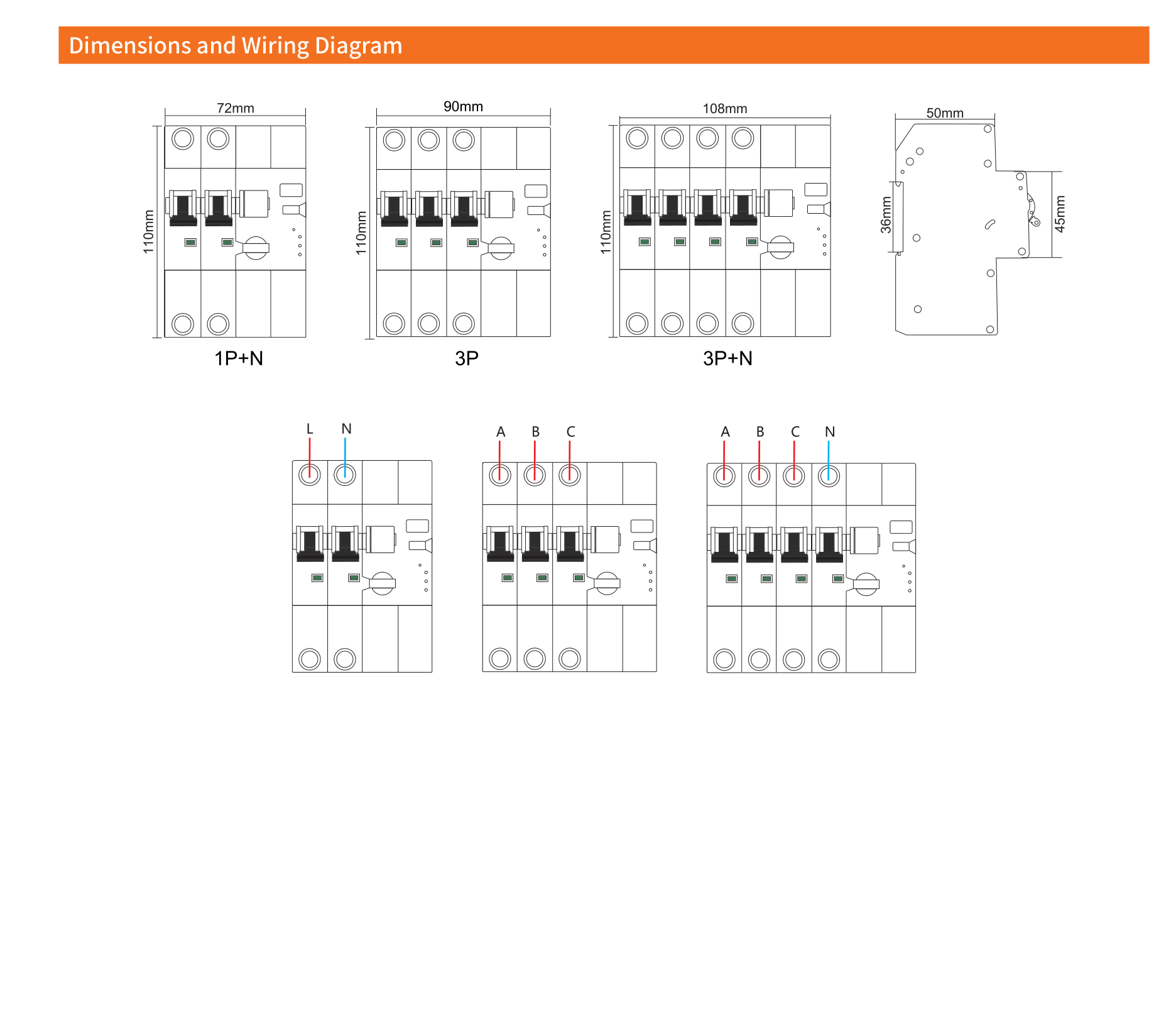 EKR0 WiFi dimensions and wiring diagrams for 1P+N, 3P, 3P+N
