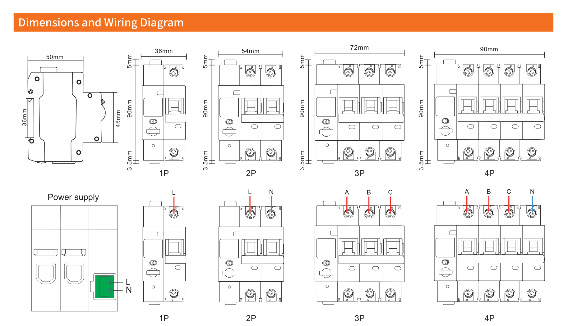 EKR3S RS485 dimensions and wiring diagrams for 1P 2P 3P 4P and power supply terminal