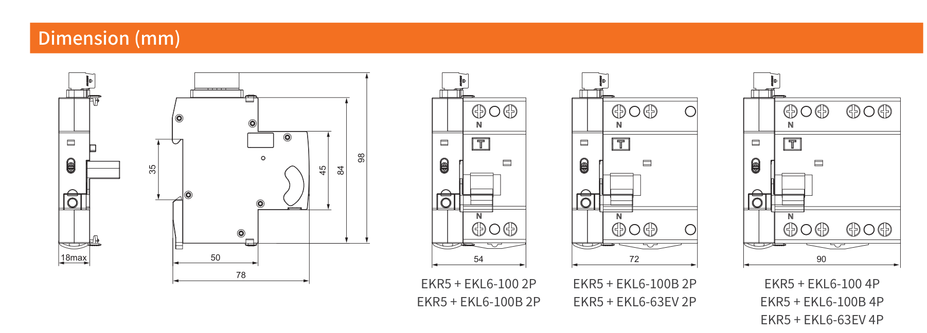 EKR5 series dimensions and combination sizes with matching RCCBs