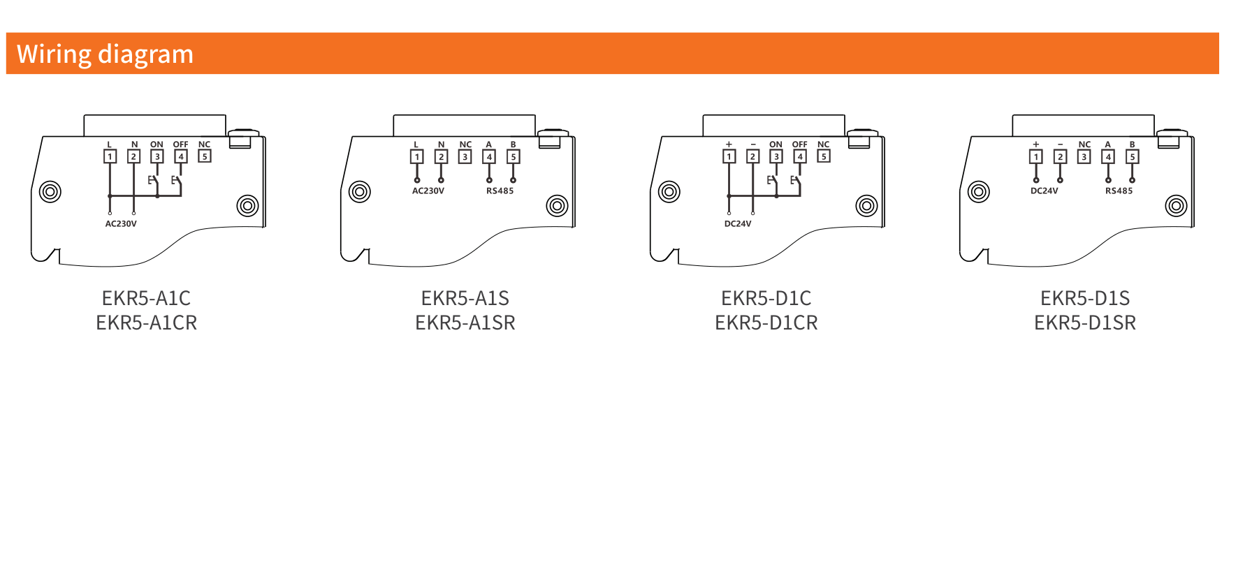 EKR5 series wiring diagrams for switch control and RS485 models