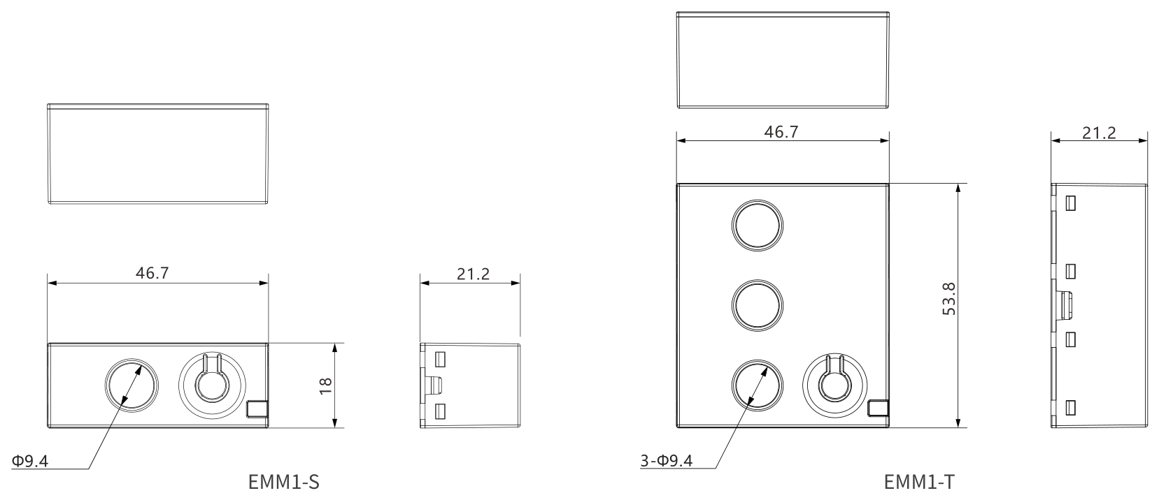 EMM1-S and EMM1-T metering module dimension drawings