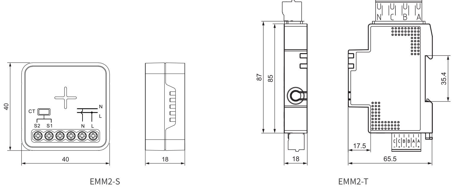 EMM2-S and EMM2-T metering module dimension drawings