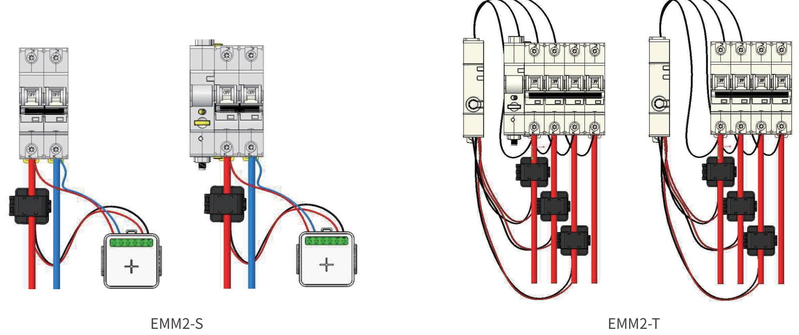 EMM2-S and EMM2-T metering module wiring diagrams with external CT