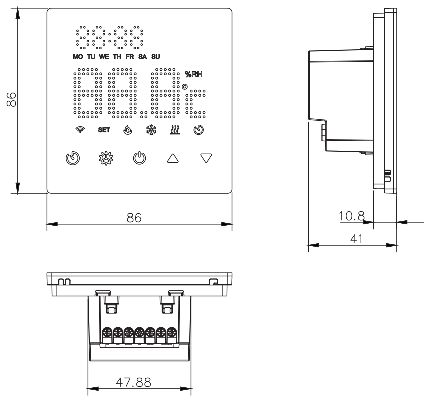 EW1 series 86 full-screen thermostat dimension drawings