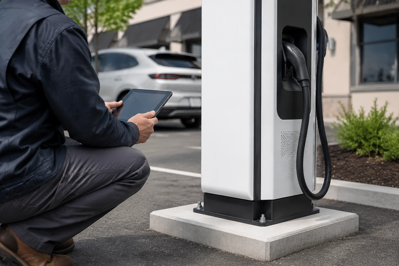 Technician commissioning a newly installed DC fast charging station