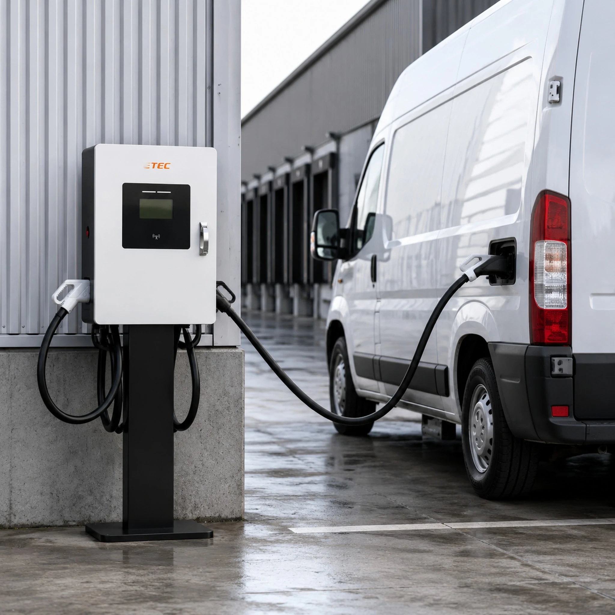 ETEK EKDC DC fast charger in service at an industrial fleet depot