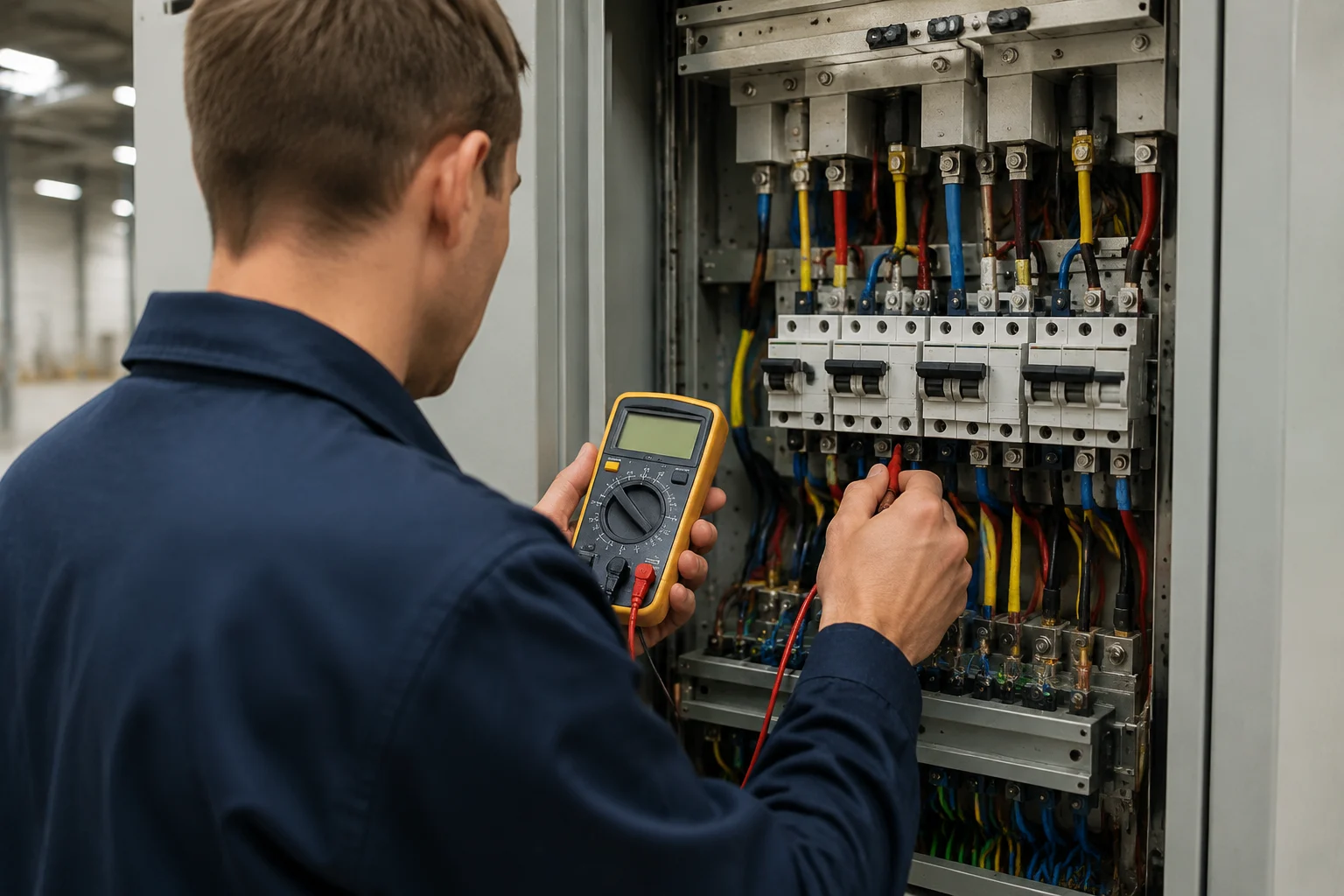 Electrician inspecting a three-phase distribution panel during an EV charger site survey
