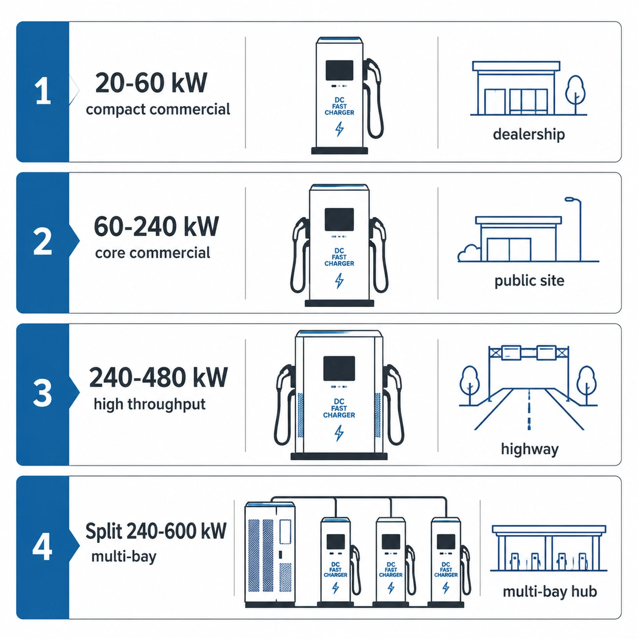 Power-band selection chart for Level 3 DC fast chargers from 20 kW to 600 kW