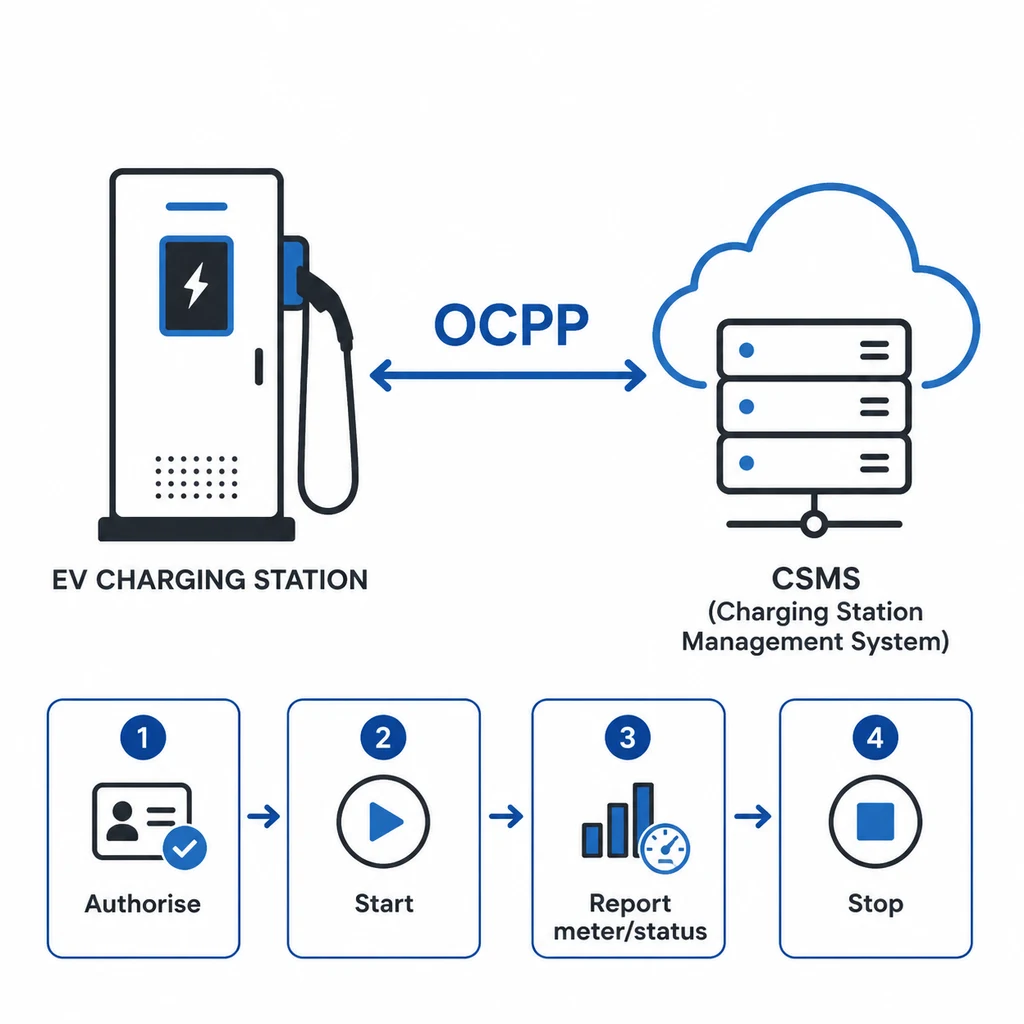 Diagram showing an EV charger connecting to a charging station management system through OCPP