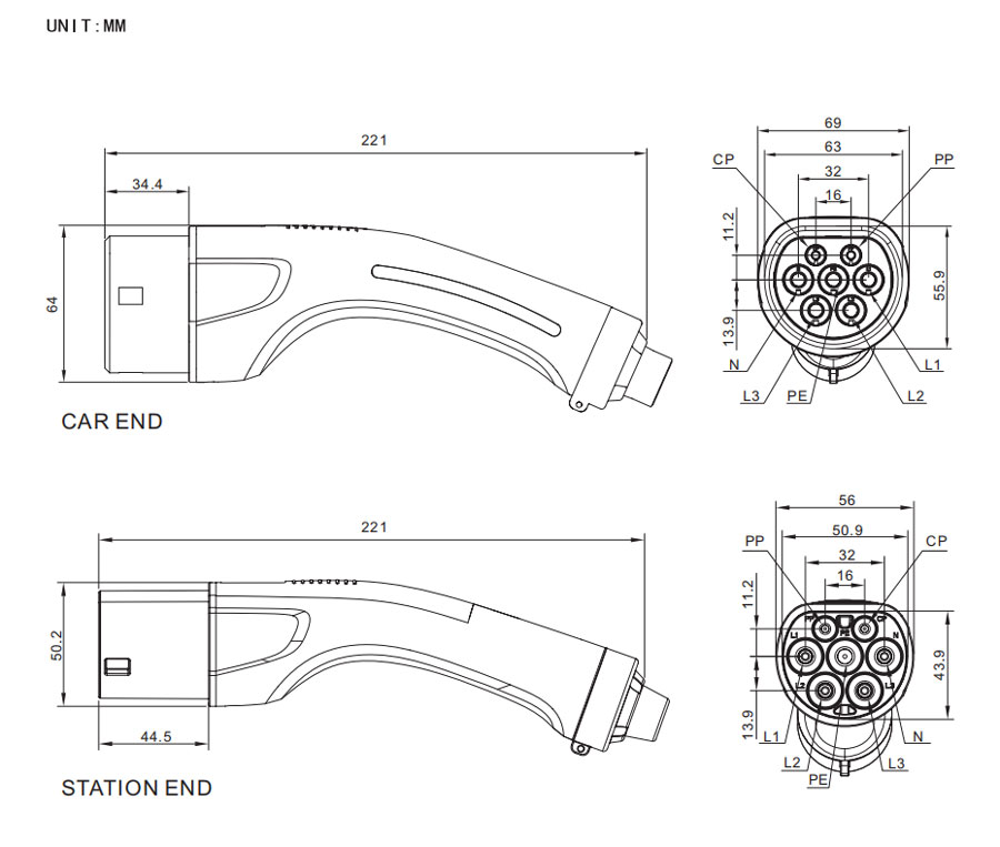 EV Charging Cable Type 2 - Type 2, 32A, 22kW, 3-phase, 5m