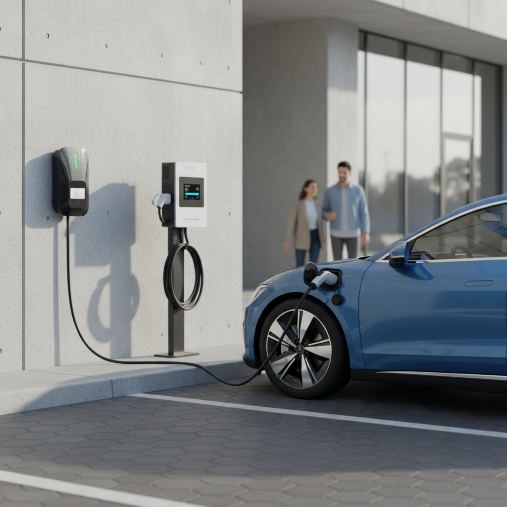Modern EV charging station lineup showing AC and DC charger options